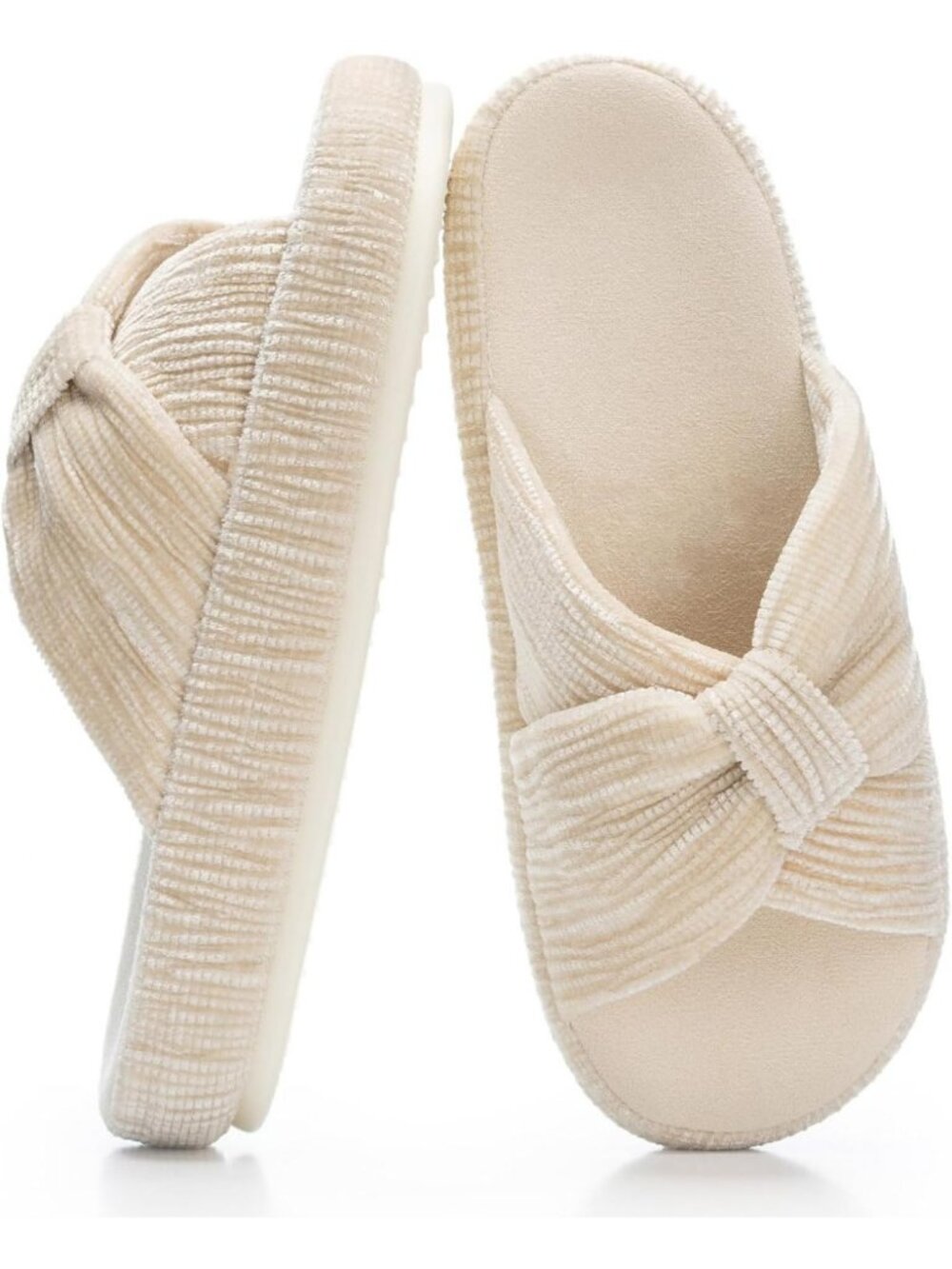 Cozy Memory Foam Slippers for Women - Corduroy Bow Crossband House Shoes